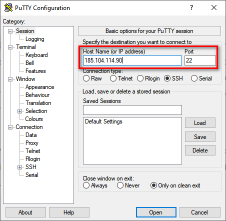 SSH в программе PuTTY