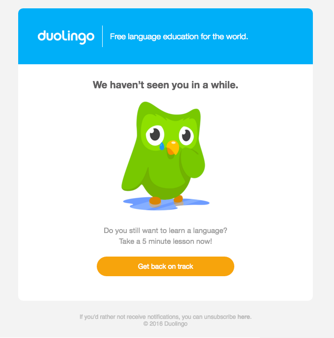Пример реактивационной рассылки от Duolingo