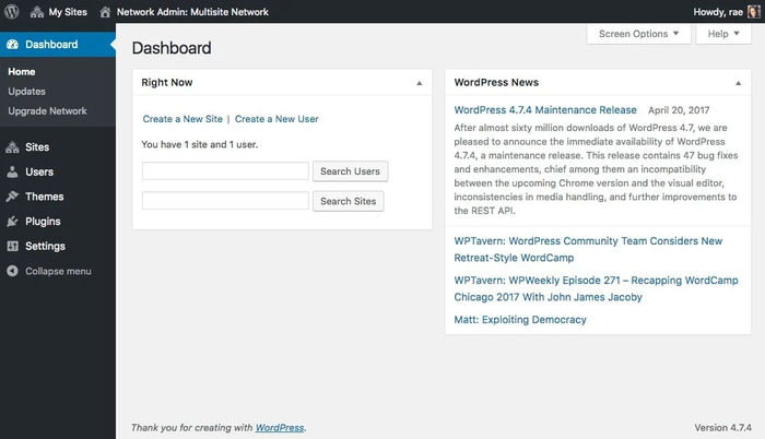 Внешний вид панели администрирования при установке сети WordPress Multisite