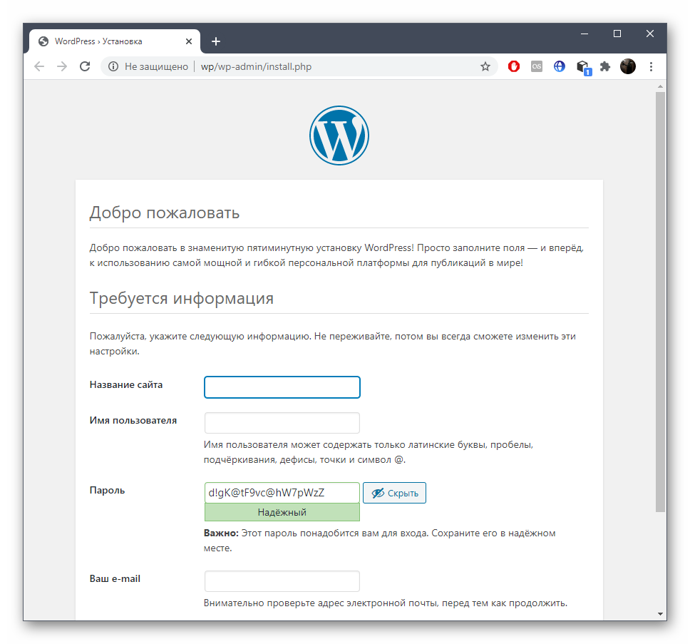 Успешный запуск WordPress на OpenServer после установки