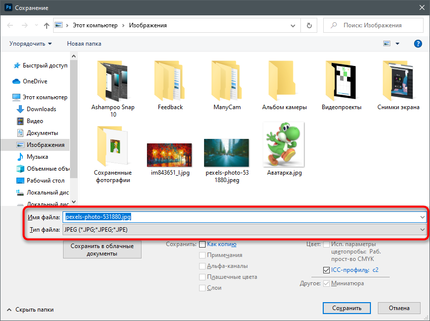 Выбор названия и типа файла для сохранения в Adobe Photoshop