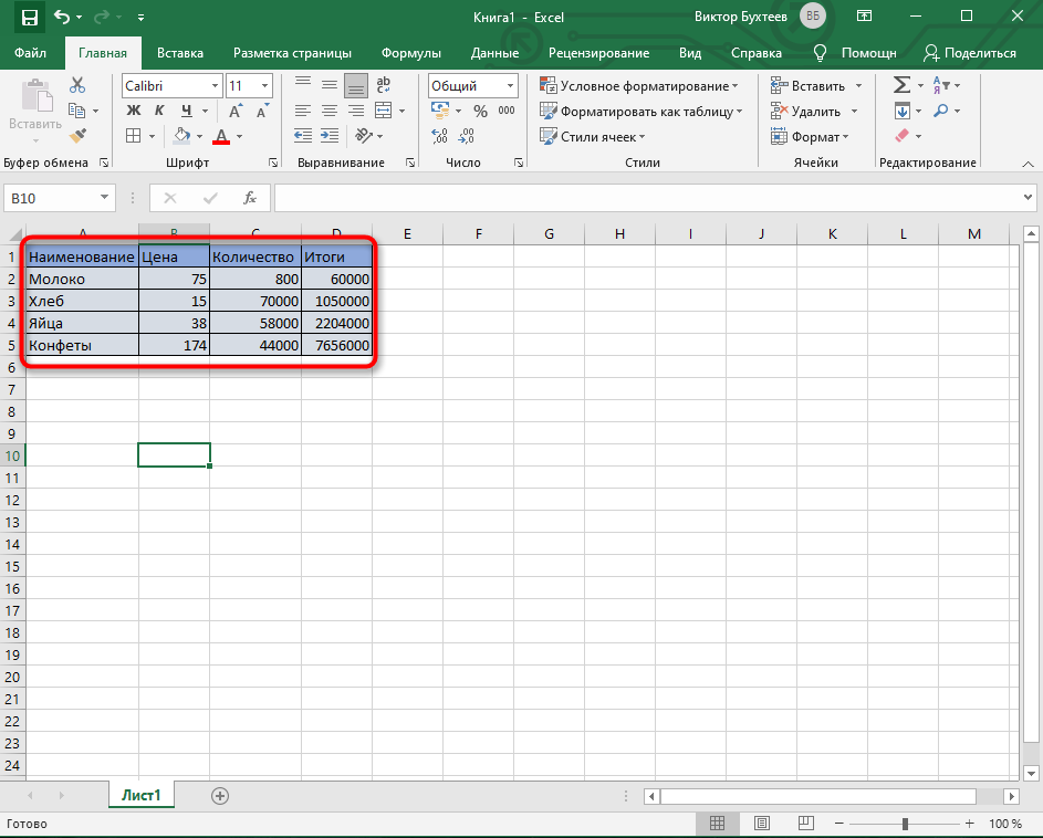 Итоговая таблица с данными и формулами Microsoft Excel