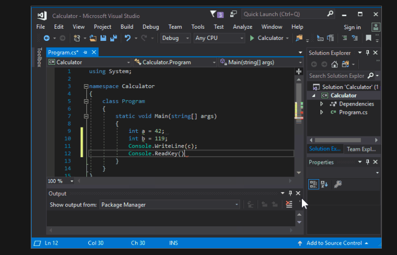Пример кода С# в программе Visual Studio