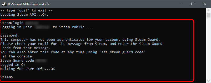 Успешная авторизация в программе для создания сервера в CS 1.6 через SteamCMD