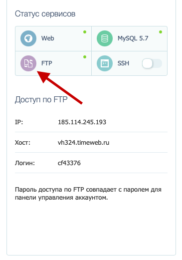 Статус FTP в Timeweb