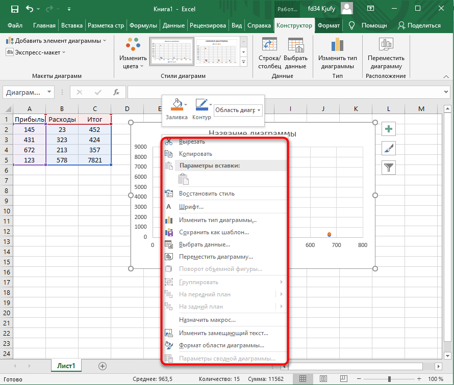 Использование контекстного меню для построения диаграммы по таблице в Excel