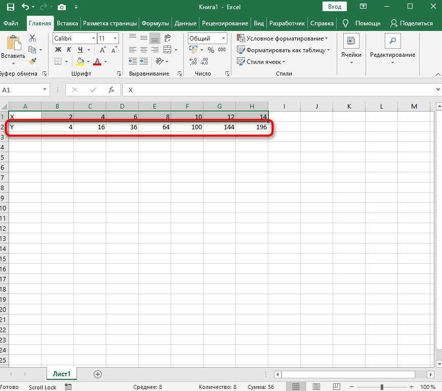 Заполнение второй строки для построения графика функции в Excel