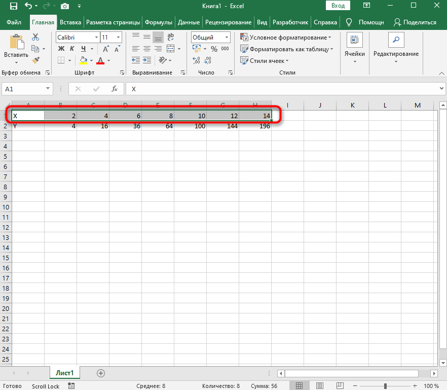 Заполнение первой строки для построения графика функции в Excel