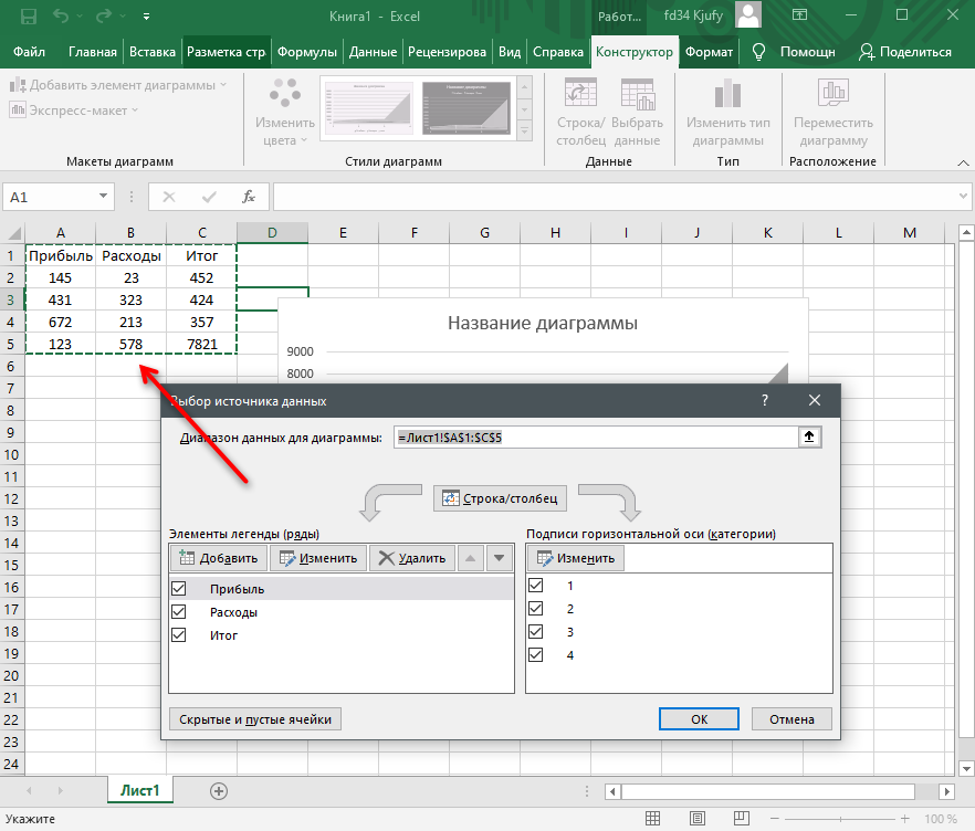 Просмотр активной области для построения диаграммы по таблице в Excel