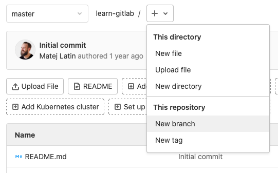 Кнопка создания дополнительной ветки в GitLab