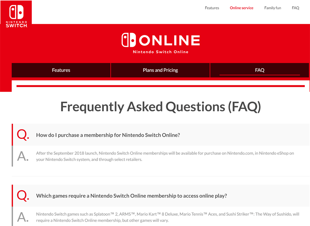 Пример оформления FAQ у Nintendo