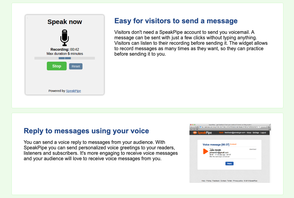 Пример оформления плагина SpeakPipe на официальном сайте