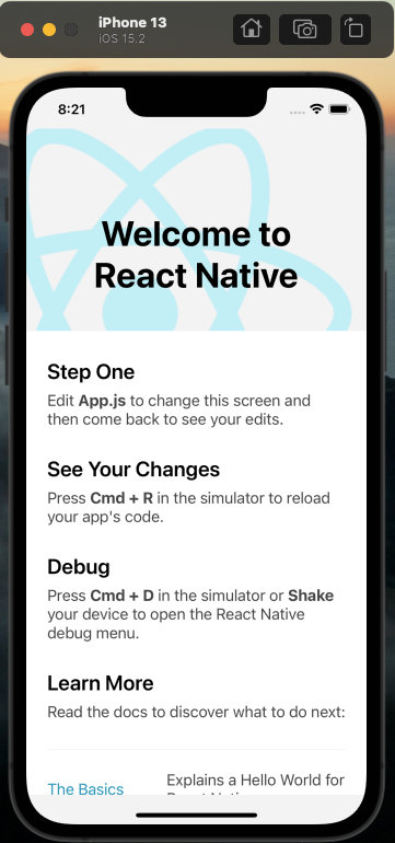 Симулятор iOS с запущенным React Native приложением