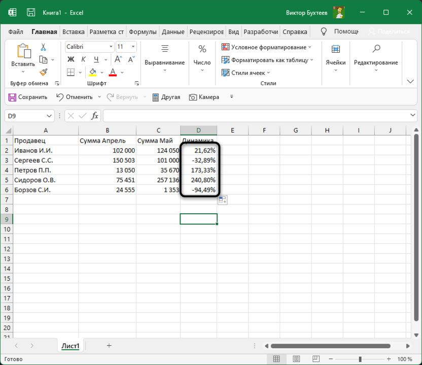 Результат растягивания формулы для отслеживания динамики роста в Microsoft Excel
