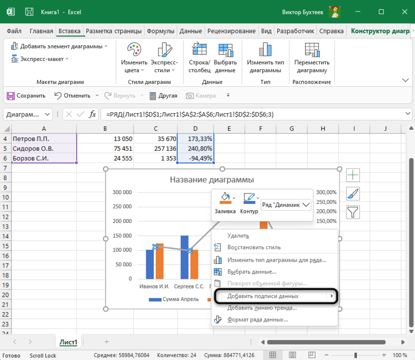 Добавление подписей для рекомендуемого варианта для создания диаграммы темпов и динамики роста в Microsoft Excel