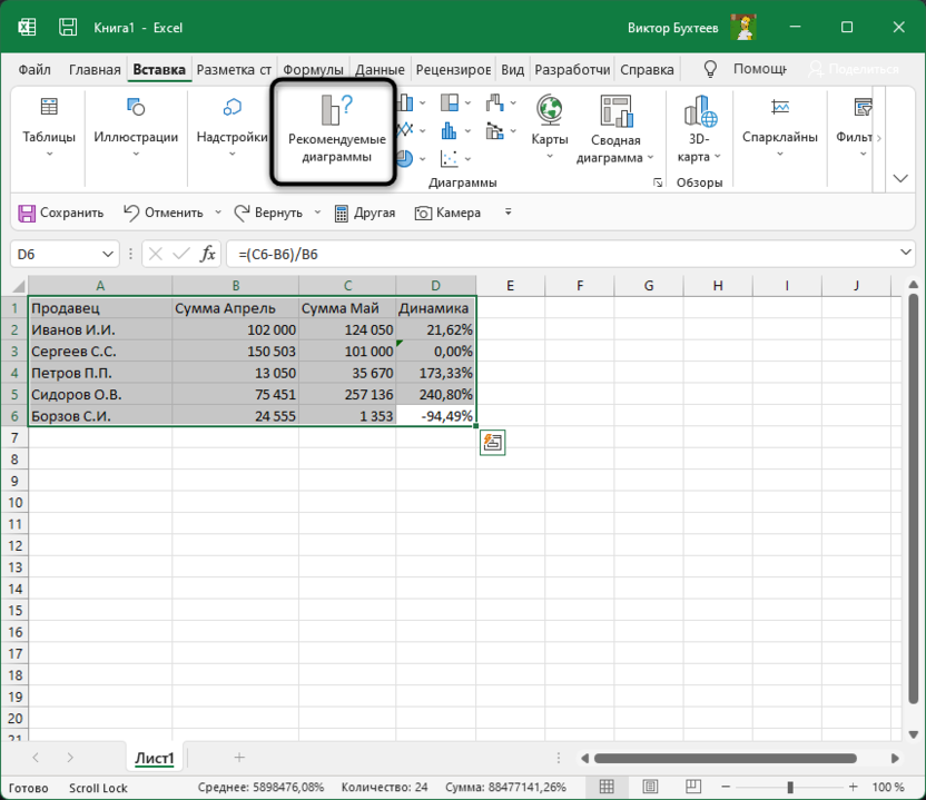 Открытие списка графиков для создания диаграммы темпов и динамики роста в Microsoft Excel