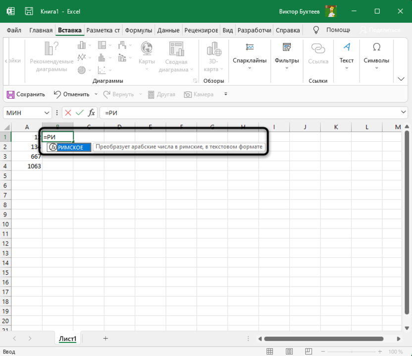 Declaration of the function for printing Roman numerals in Microsoft Excel
