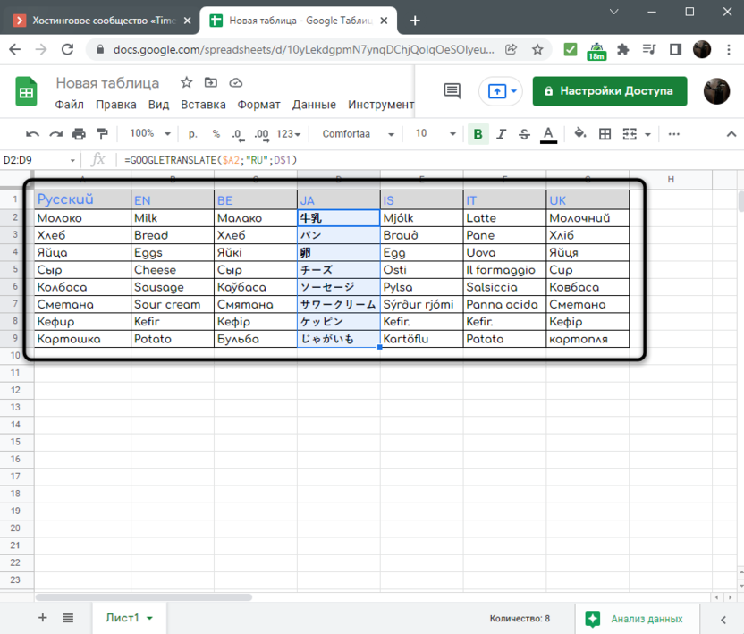 Using the text translation function when familiarizing yourself with Google Sheets
