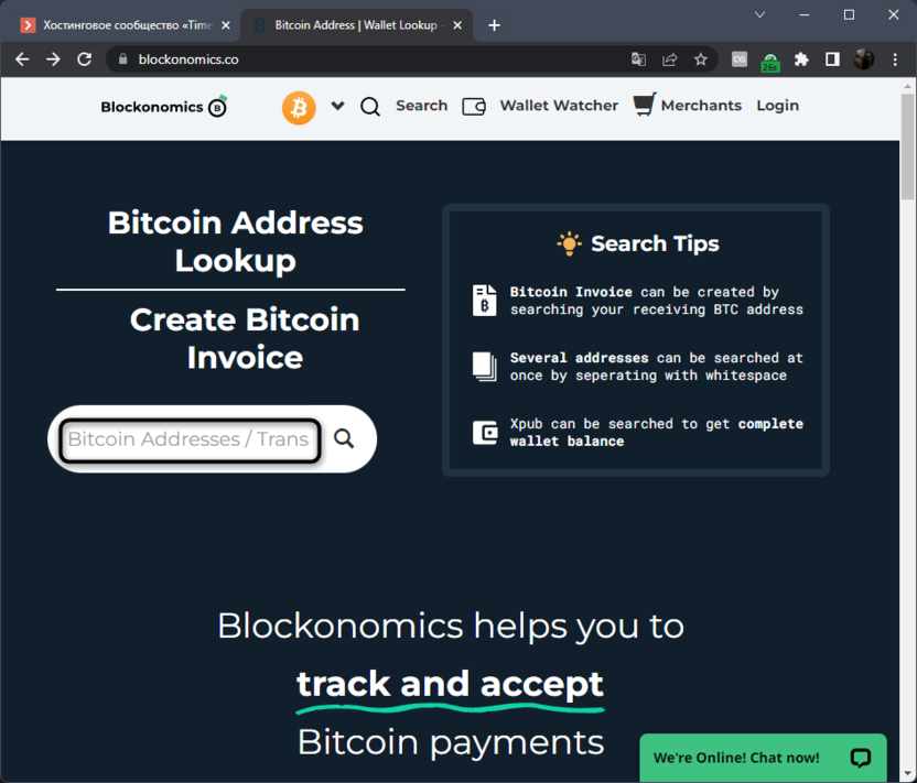 Using the search bar to view your Bitcoin wallet balance via the Blockonomics site