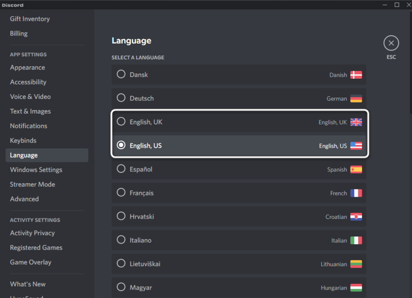 English options are available to use Discord's text-to-speech feature