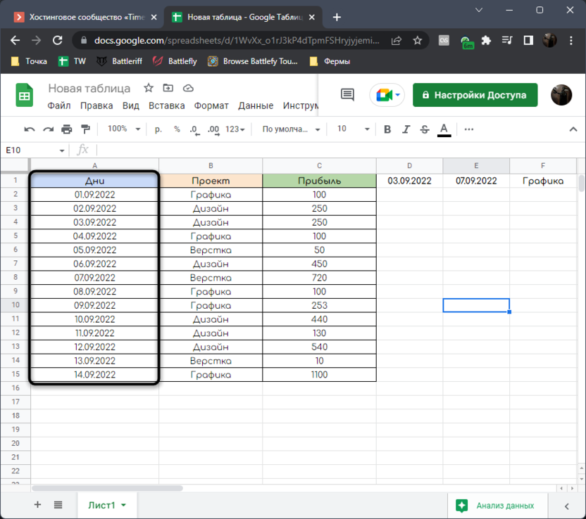 The first column with data to determine the amount from the period with Google Sheets conditions