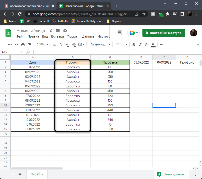 The second column with data to determine the amount from the period with Google Sheets conditions