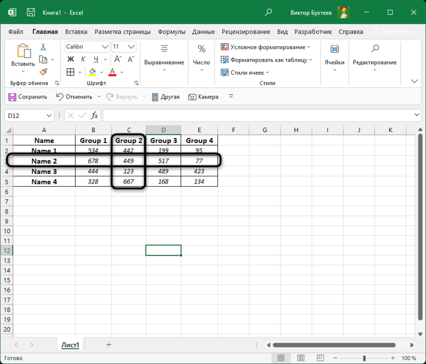 An example of a table for using the intersection operator in Microsoft Excel