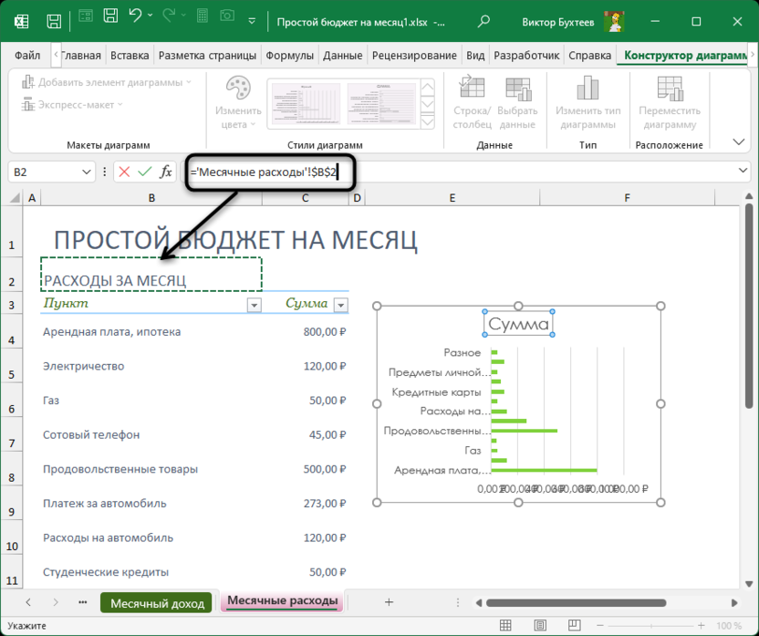 Выбор ячейки для изменения названия диаграммы в Microsoft Excel