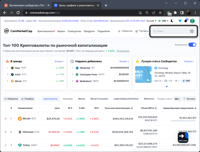 Переход к поиску криптовалюты на сайте CoinMarketCap