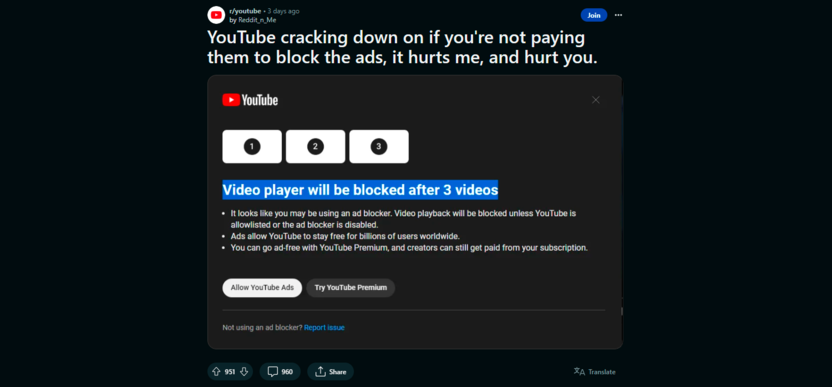 Как YouTube ограничивает доступ при использовании блокировщиков рекламы