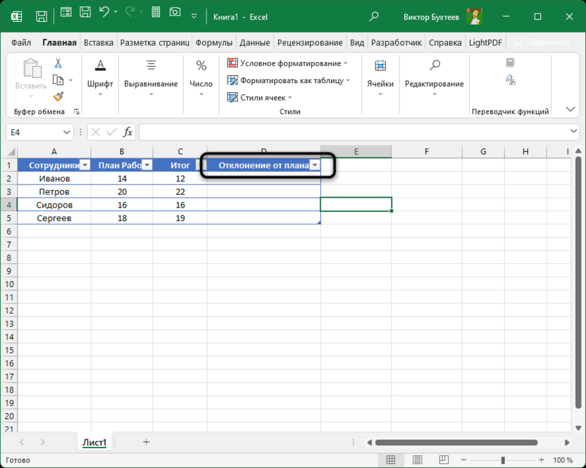 Создание первого вспомогательного столбца для создания диаграммы выполнения плана в Microsoft Excel