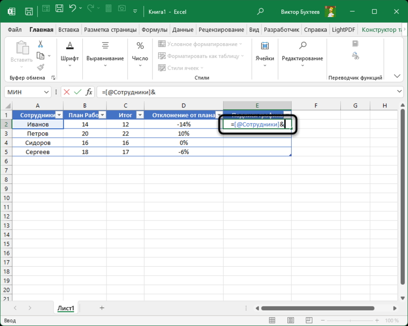 Ввод формулы столбца с подписями для создания диаграммы выполнения плана в Microsoft Excel