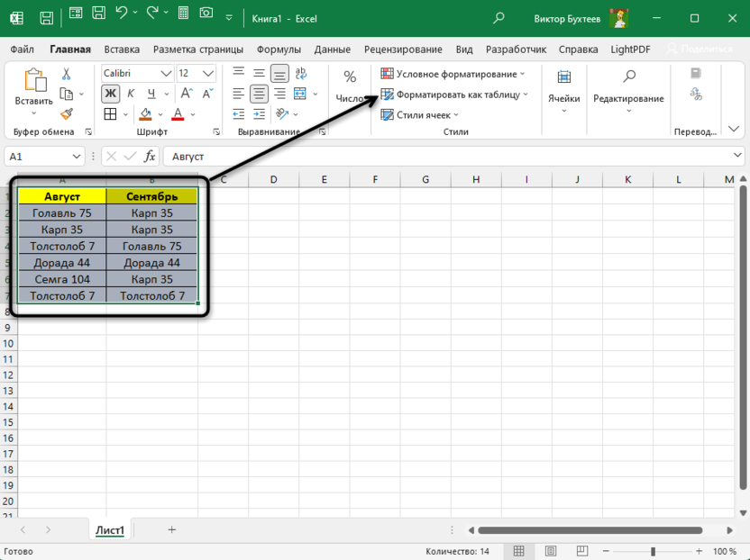 Форматирование диапазона как таблицы для сравнения столбцов в Excel на совпадения в строках