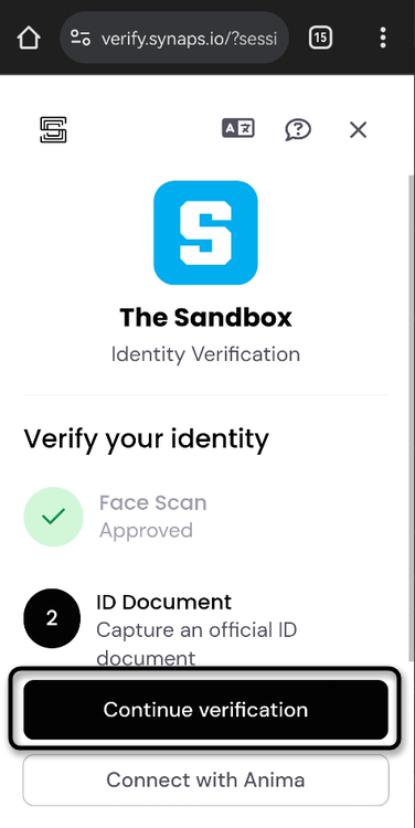Переход к выбору документа для прохождения верификации в Sandbox