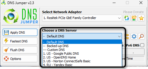 Выбор варианта из списка в программе для изменения DNS-сервера в Windows 11