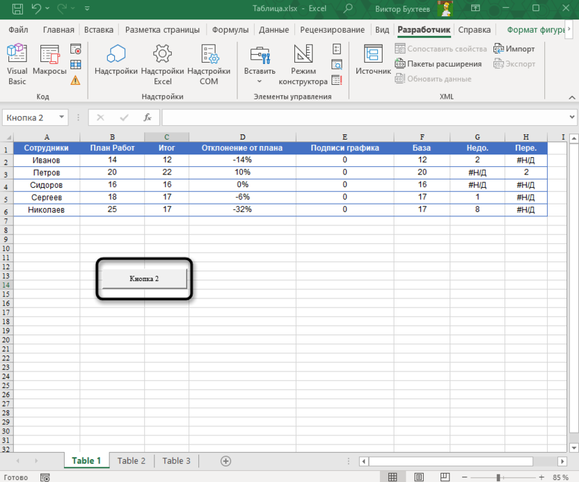 Результат настройки элемента управления формы для создания кнопки в Microsoft Excel