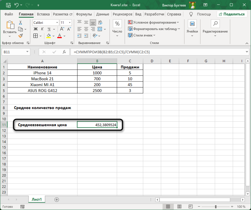 Результат подсчета средневзвешенной цены в Microsoft Excel