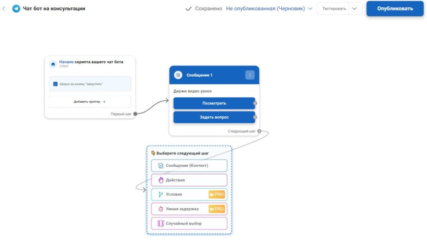 Далее открывается визуальный редактор, где можно создать чат-бота с автоворонкой.