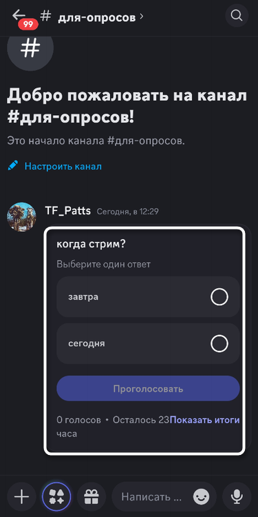 Внешний вид сообщения после создания опроса в мобильном приложении Discord