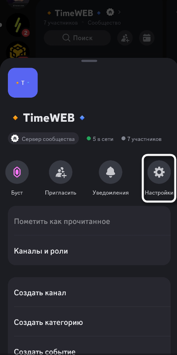 Переход в настройки сервера для создания роли в мобильном приложении Discord