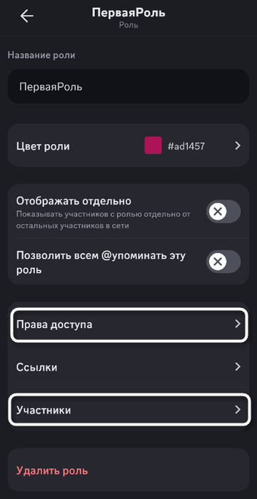 Просмотр настроек после создания роли в мобильном приложении Discord