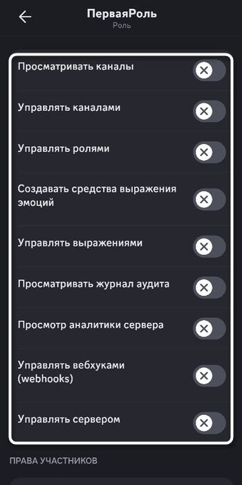 Управление правами доступа для создания роли в мобильном приложении Discord