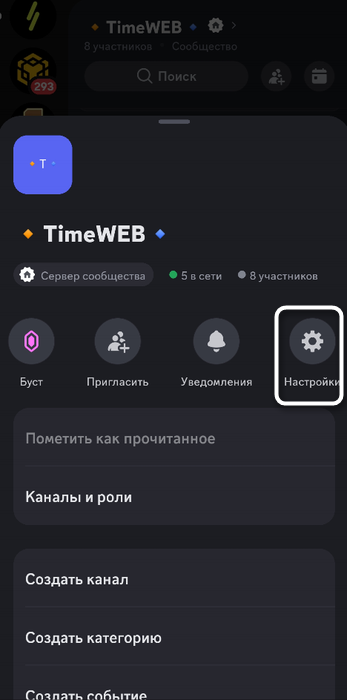 Переход в настройки сервера для отключения микрофона участнику в мобильном приложении Discord