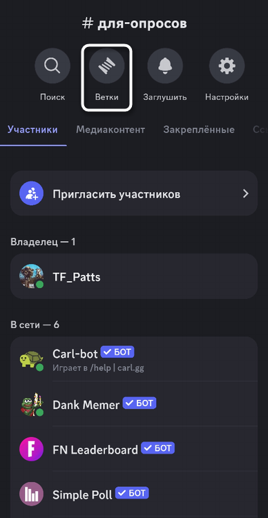 Открытие окна управления ветками для создания ветки в мобильном приложении Discord