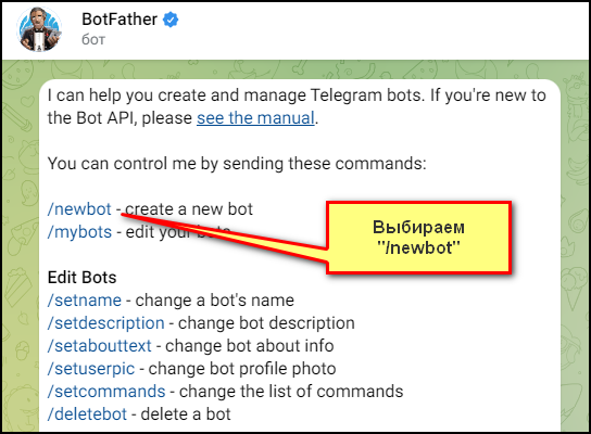 Выберите ту команду, которая называется «/new_bot»