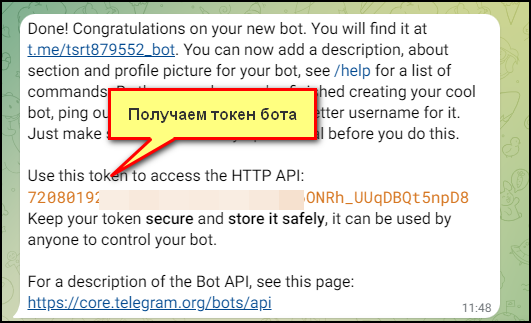 Далее получаем токен бота