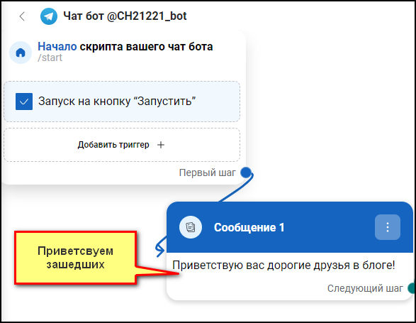 После того как вы откроете бота на конструкторе, пропишите первое приветственное сообщение