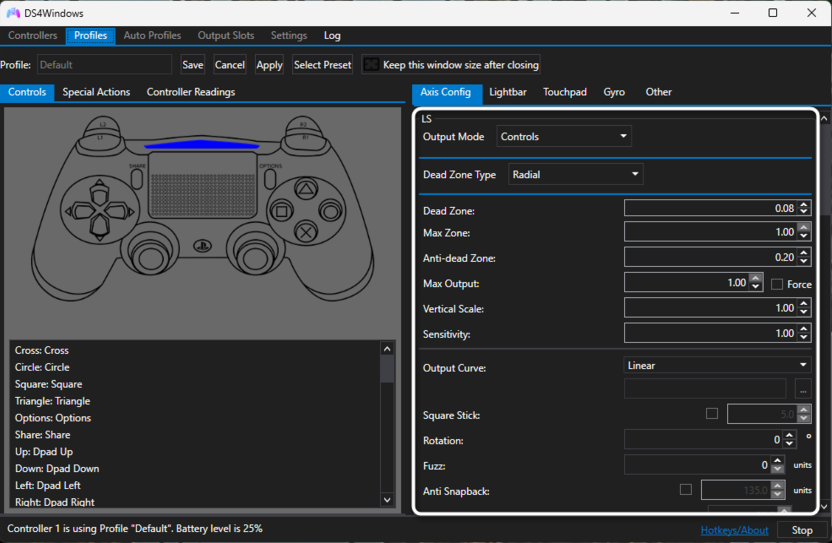 Проверка назначения кнопок в DS4Windows для подключения DualSense