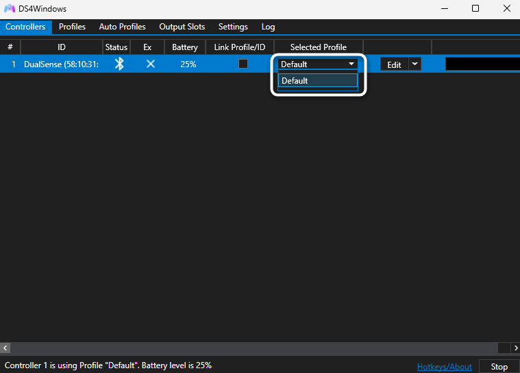 Выбор одного из профилей в DS4Windows для подключения DualSense