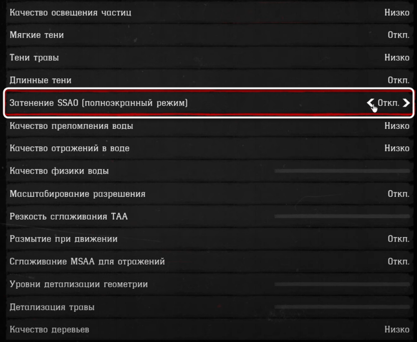 Изменение затенения SSAO в полноэкранном режиме при настройке графики в Red Dead Redemption 2